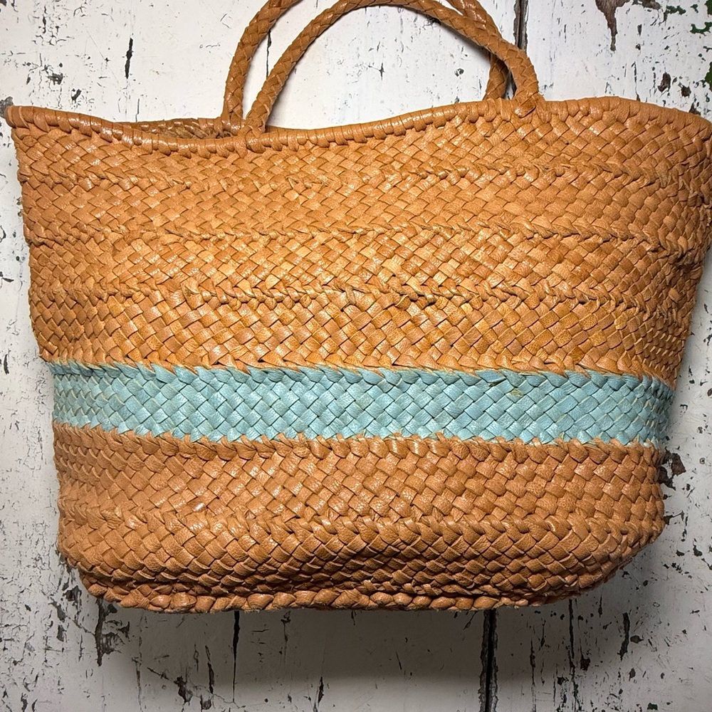 Urban Outfitters Stylish Tan and Blue Woven Tote Bag